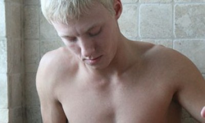 Blonde college jock stroking his huge dick