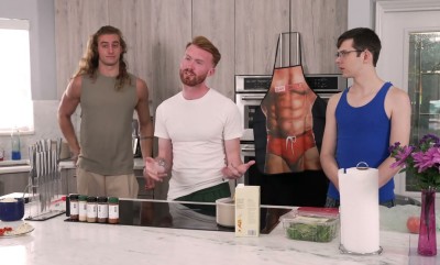 Two hung studs fuck redhead chef in the kitchen