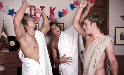 Muscle gay orgy on a sofa