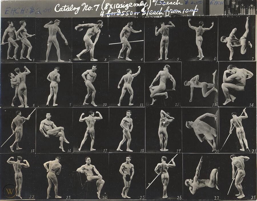 Sheet of small numbered black and white photographs of a man in different athletic poses, with handwritten prices at the top