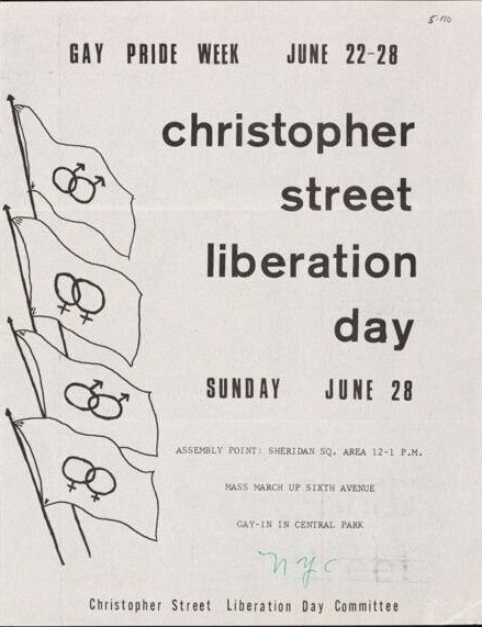 Printed flyer with four flags bearing linked male symbols, announcing Christopher Street Liberation Day on Sunday 28 June with a march up Sixth Avenue and a gay-in in Central Park