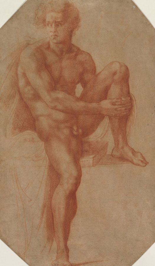 Red chalk drawing of a muscular naked man seated frontally, one knee drawn up and held in both hands