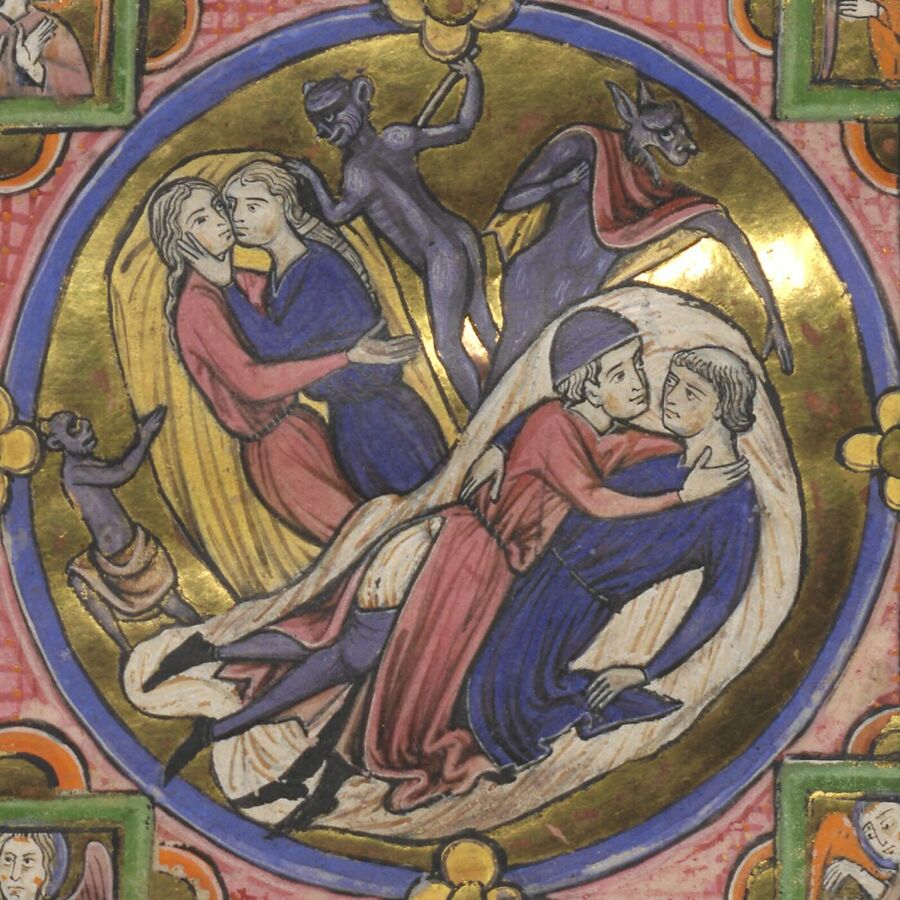 Gold medallion with two couples embracing in bed wrapped in bedcovers, one of two women and one of two men, surrounded by grey devils