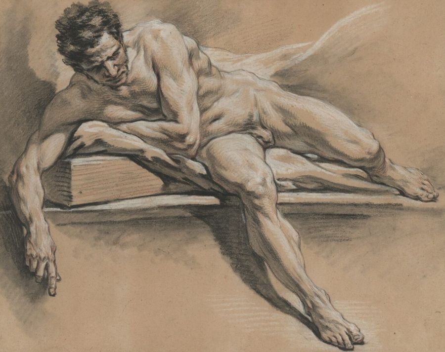 Chalk drawing of a muscular naked man reclining across a wooden block, one arm hanging to the floor