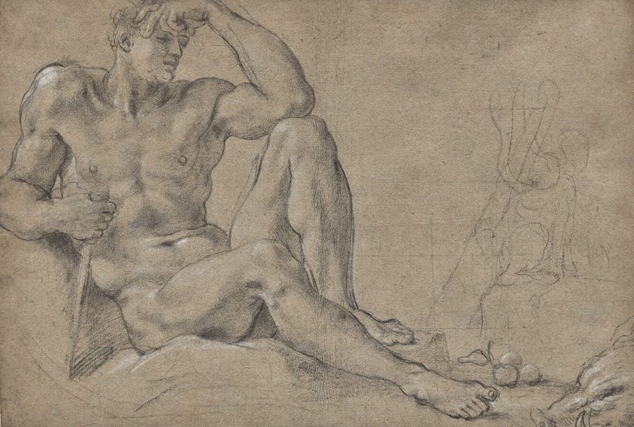 Black chalk drawing of a powerfully built naked Hercules sitting on a lion skin, one arm resting on his raised knee and his hand on his club