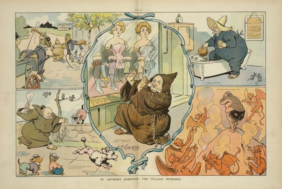 Colour magazine cartoon showing Anthony Comstock as a monk shielding his eyes from corsets in a shop window, surrounded by smaller comic scenes