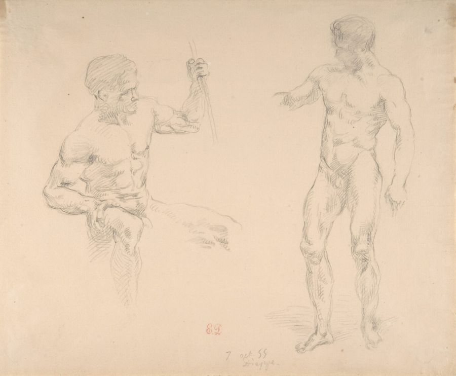 Pencil sketches of two naked men, one seated with a raised arm and one standing, copied from photographs