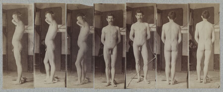 Seven small photographs mounted side by side of the same moustached naked man, seen in profile, from the front and from behind