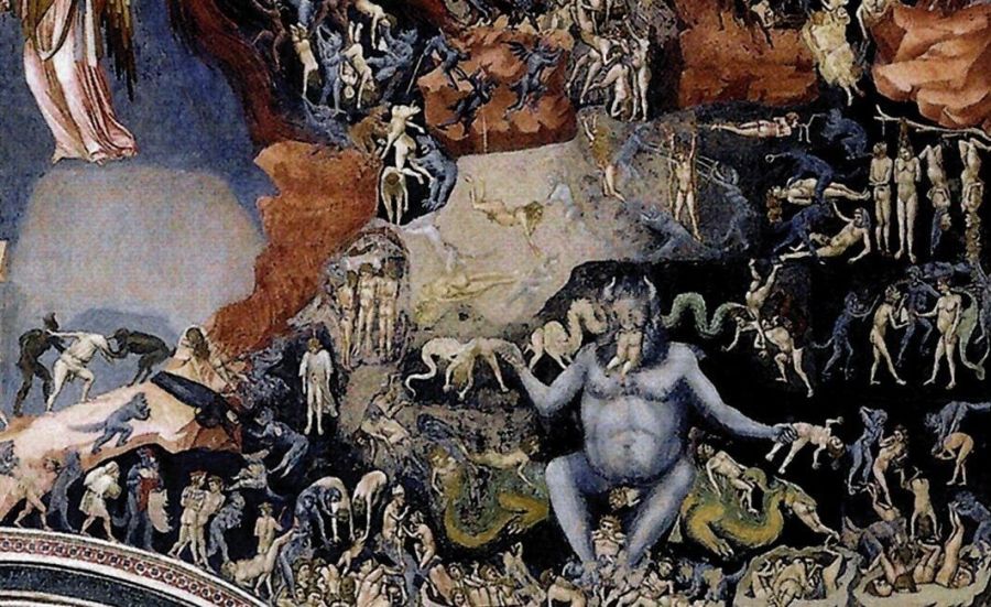 Fresco of Hell crowded with naked men and women tormented by devils, some hanging from ropes, around a huge blue Satan devouring the damned