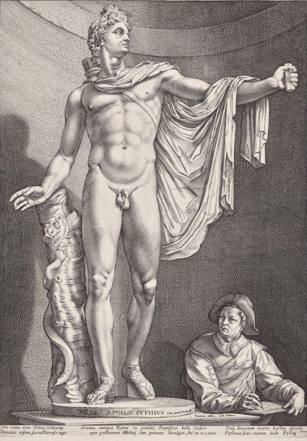 Engraving of the Apollo Belvedere statue, nude with a cloak over one arm, with a small seated draughtsman in the lower corner