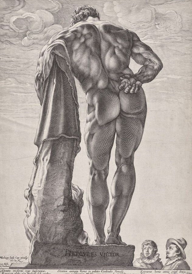 Engraving of the Farnese Hercules statue seen from behind, a massively muscled nude leaning on a club, with two small spectators below