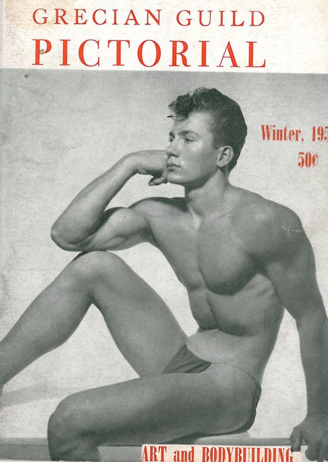 Magazine cover with the title Grecian Guild Pictorial in red, showing a muscular young man seated with one arm raised to his head