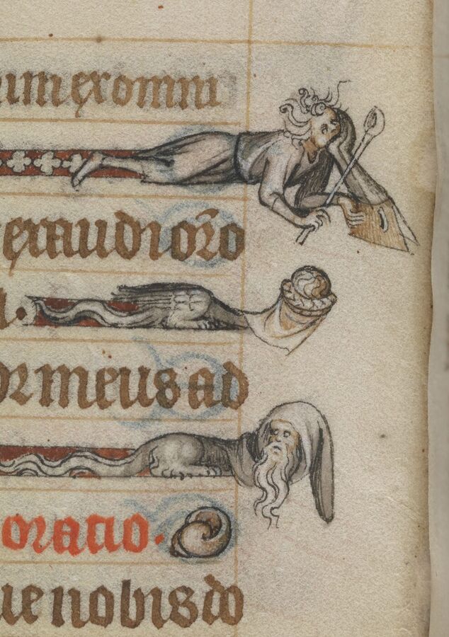 Page of a tiny Gothic prayer book with a musician, a hybrid creature carrying a basket and a bearded beast-man stretched along the lines of Latin text