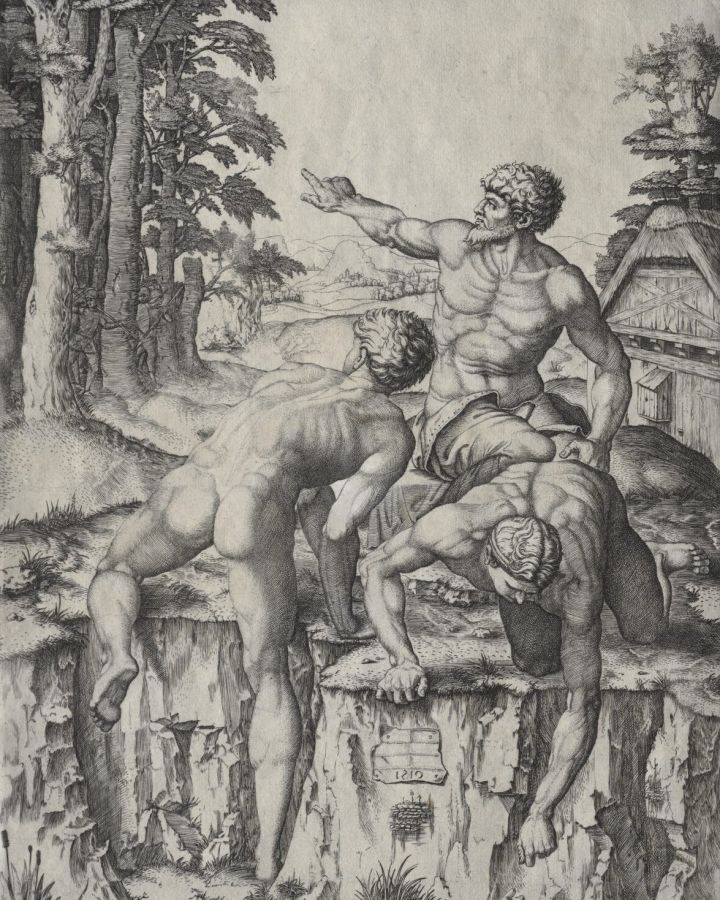 Engraving of three muscular naked men climbing out of a river onto a rocky bank, one seen from behind, with soldiers arriving among the trees