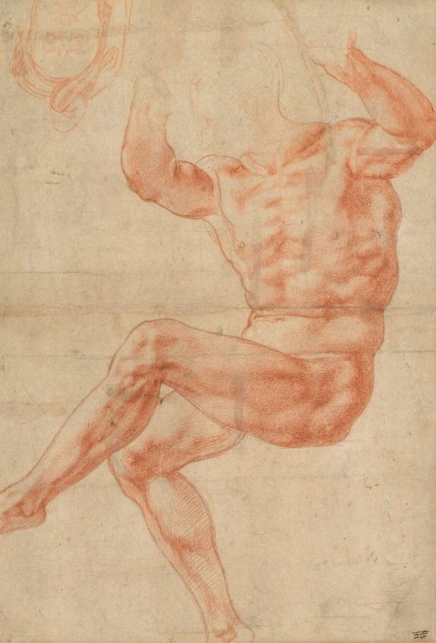 Red chalk drawing of a muscular seated male nude with raised arms, the head only sketched