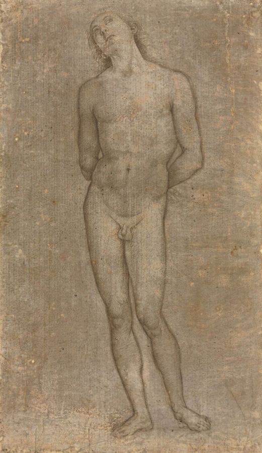 Metalpoint drawing of a nude young man standing with his hands tied behind his back and his head raised, as Saint Sebastian
