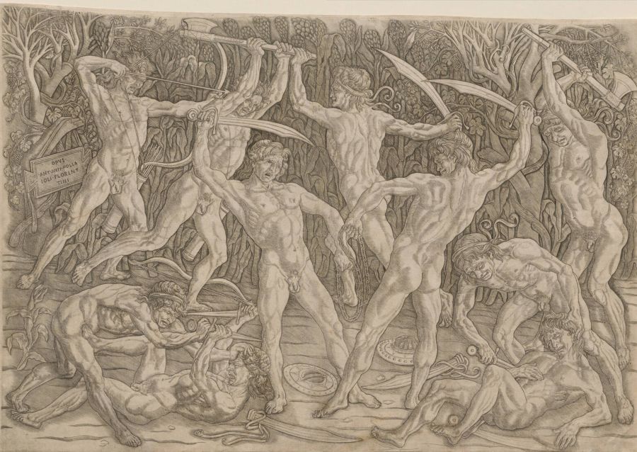 Engraving of ten naked men fighting with swords, axes and bows in front of a dense wall of foliage