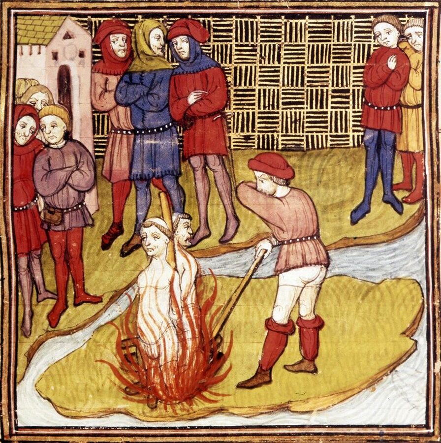 Manuscript miniature of two naked men tied to a stake in a fire on a river island, while an executioner stokes the flames and men in tunics watch