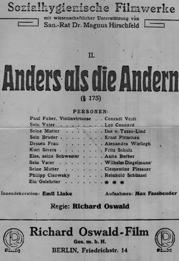 Printed poster with the title Anders als die Andern, the words paragraph 175, a cast list and the name of Richard Oswald