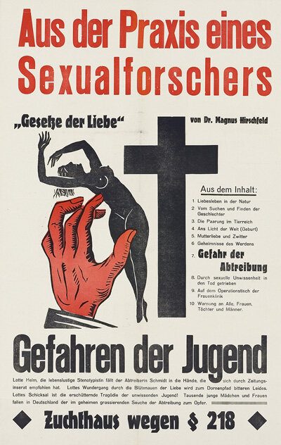 Poster in red and black with large lettering, a black cross, a red hand and a dark female figure, announcing Hirschfeld's film Gesetze der Liebe