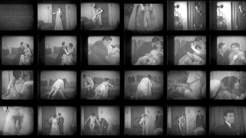 Twenty-four small black and white film frames in four rows following the whole film, from the title and the lady greeting her caller to the sofa, the reveal and the performer in a business suit