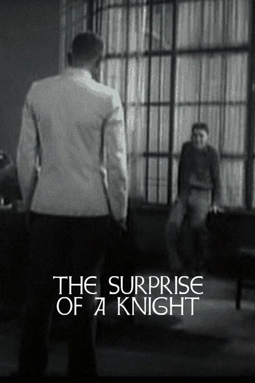 Black and white still of a man in a light jacket seen from behind, facing a young man in a dark sweater who sits laughing by a tall window, with the title The Surprise of a Knight