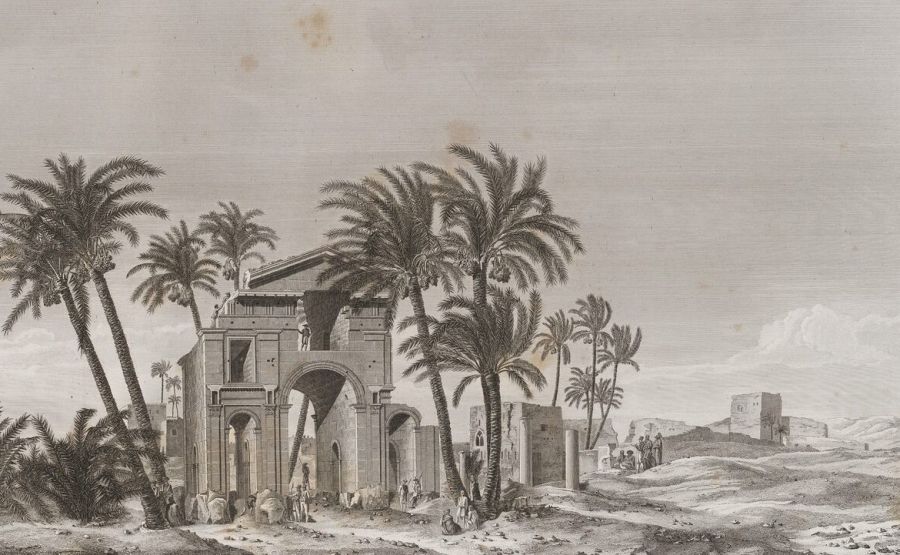 Engraving of a ruined Roman triumphal arch with three openings, surrounded by tall palm trees, with small figures standing in front of it