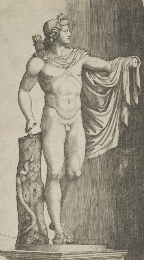 Engraving of a naked male statue standing beside a tree trunk with a snake coiled around it, a cloak over his outstretched arm and a quiver on his back