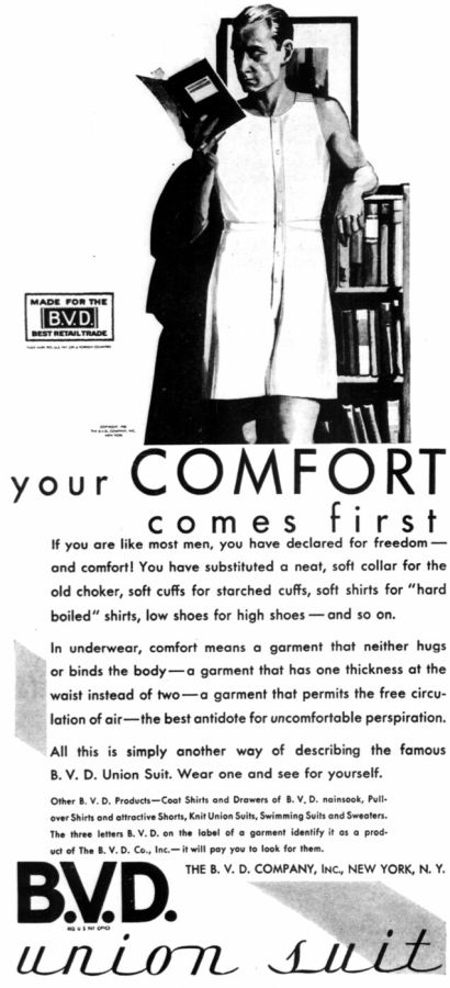 Black and white advertisement showing a slim man in a white sleeveless union suit reading a book beside a bookcase, with the headline your comfort comes first and the brand B.V.D.