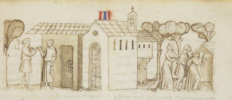 Pen drawing with light colour: on the left a young man with an axe on his shoulder talks to a man at a convent door; on the right two nuns lead him towards a hut among trees