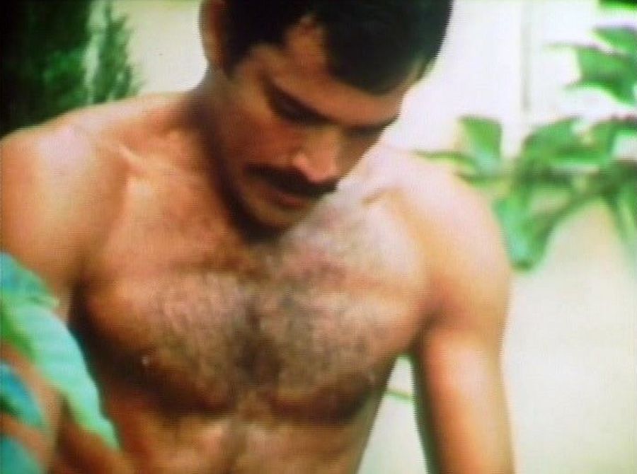 A shirtless man with a moustache and a hairy chest looks down, with green plants behind him
