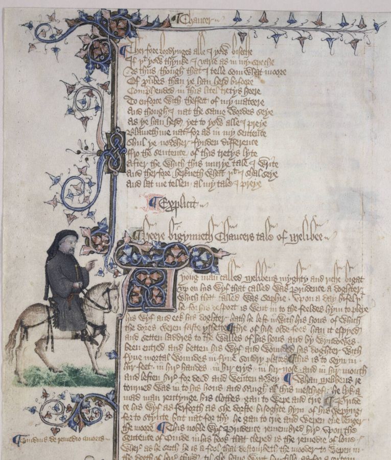Manuscript page in Gothic script with blue and red floral borders; in the left margin a small painted figure of a grey-haired man in a dark gown rides a pale horse