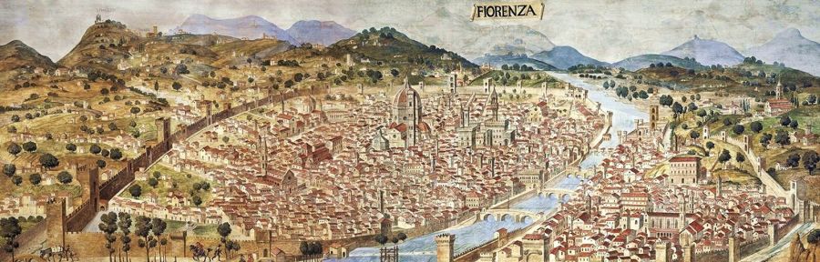 Painted bird's-eye view of a walled city on a river, with a great domed cathedral in the centre, bridges across the river and hills behind