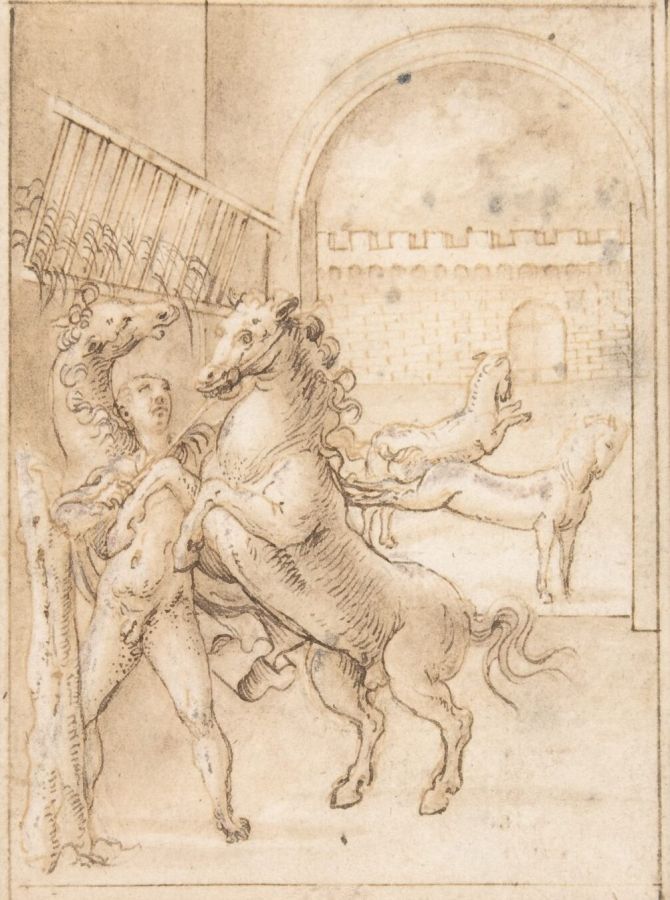 Pen and wash drawing of a naked man struggling with a rearing horse inside a stable, with other horses running in a courtyard beyond an arch