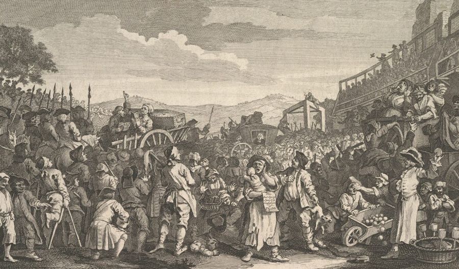Engraving of a huge crowd around a cart carrying a condemned man to the gallows at Tyburn, with soldiers, street sellers and a grandstand full of spectators
