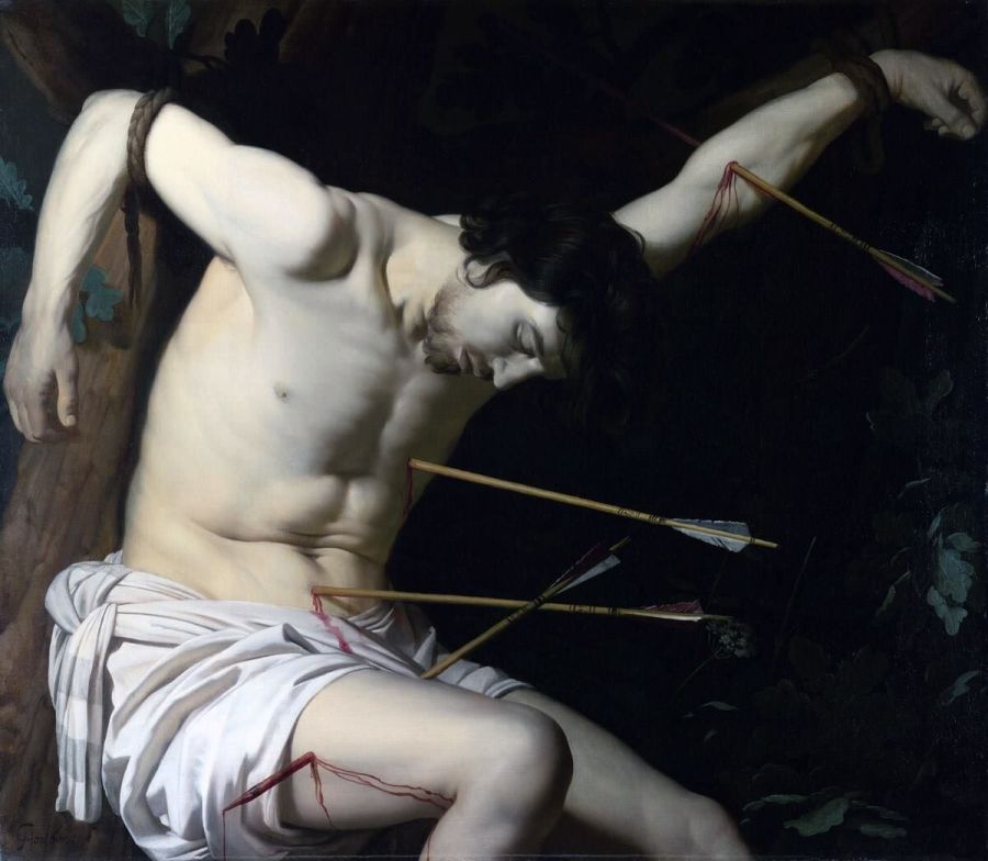 A muscular, nearly naked man slumped against a tree with his arms bound above him, pierced by arrows, a white cloth across his hips