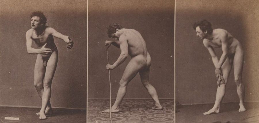 Three sepia photographs of naked adult men with moustaches posing in a studio, one leaning on a staff and seen from behind