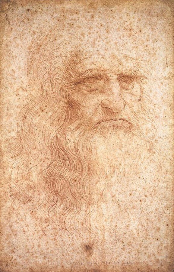Red chalk drawing of the head of an old man with long hair and a long flowing beard, looking slightly to the left