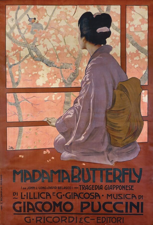 Art nouveau poster of a woman in a lilac kimono kneeling at a window and looking out at cherry blossom, above the title Madama Butterfly