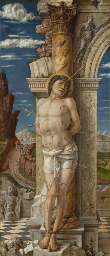 A nearly naked man tied to a classical column among ruins, pierced by arrows, looking up, wearing a white loincloth