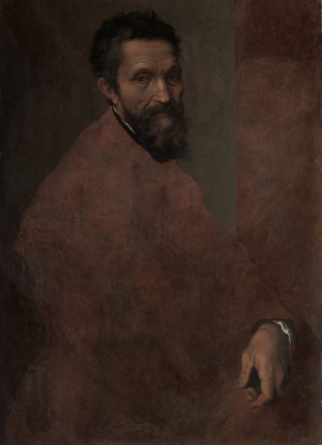 Painted portrait of a bearded, balding man in his sixties with a broken nose, wearing a dark red garment, his right hand resting on a ledge