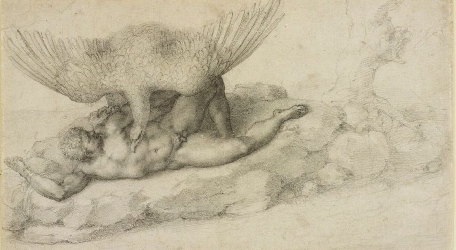 Black chalk drawing of a muscular naked giant lying on his back across a rock, with a huge vulture spreading its wings over his chest