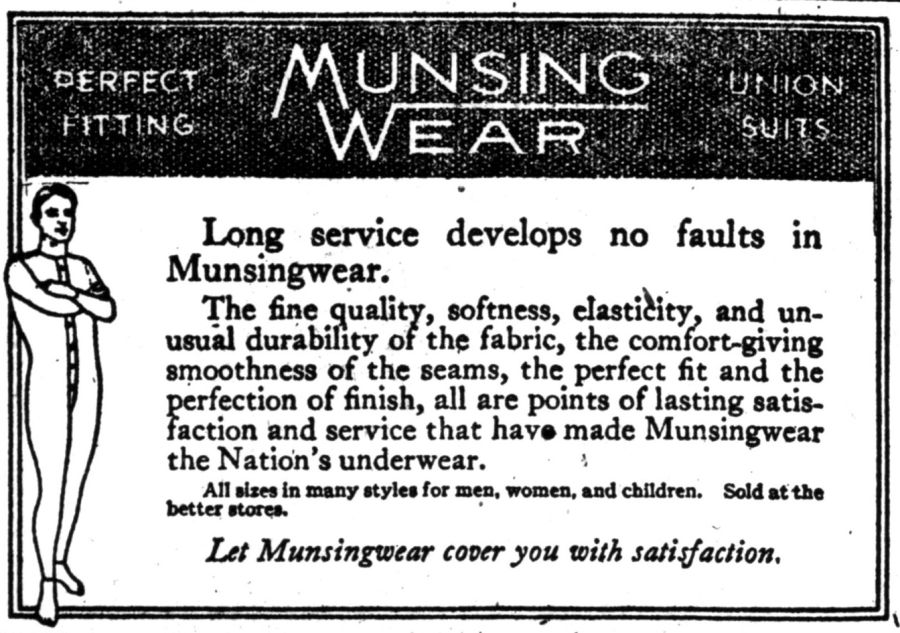 Newspaper advertisement for Munsingwear union suits with a drawing of a man standing with folded arms in a full-length union suit buttoned down the front