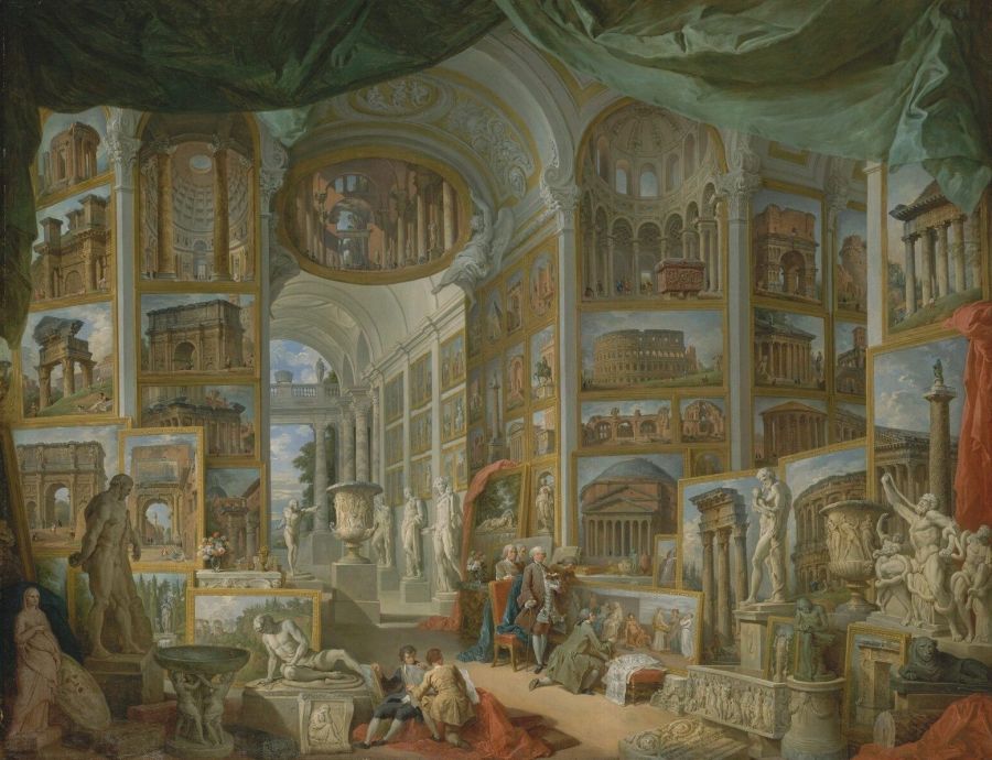 Painting of an imaginary gallery crowded with paintings of Roman ruins and ancient statues, including naked male figures, with gentlemen in eighteenth-century dress looking at them