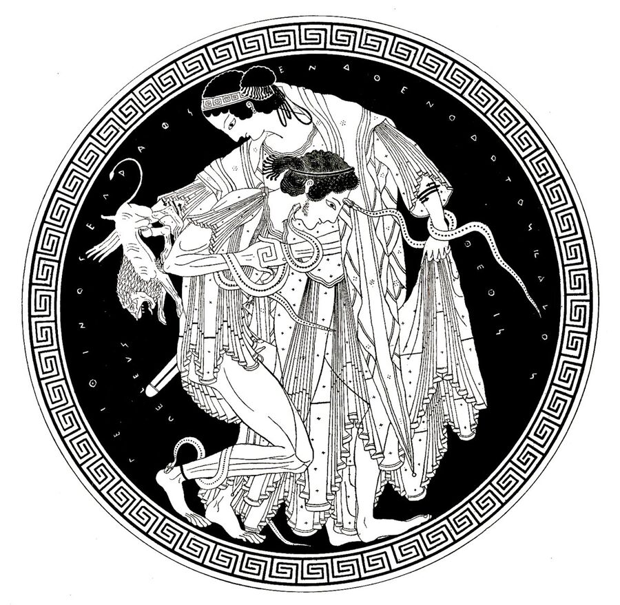 Line drawing of a round vase picture showing a young man gripping a woman in a long pleated dress around the waist, while snakes and a small lion attack him