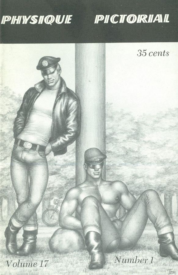 Pencil drawing of two muscular men in peaked leather caps and boots, one standing in a leather jacket against a pillar, the other sitting shirtless on the grass, with a motorcycle behind them