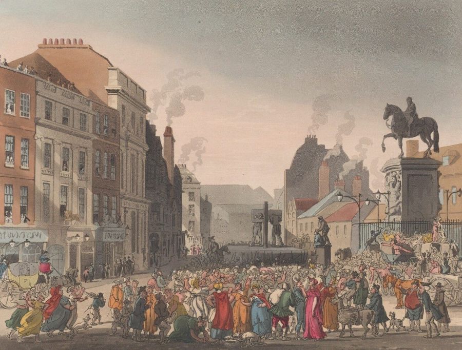Colour print of a crowd in a London square around a raised wooden pillory, with a statue of a king on horseback on the right