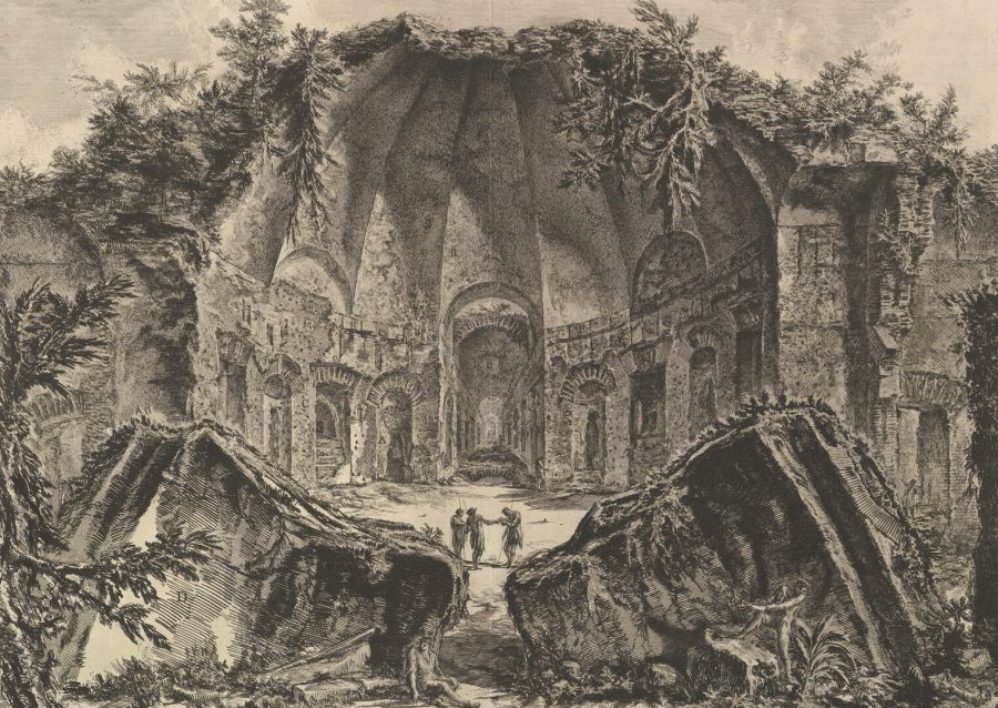 Etching of a huge ruined vaulted hall overgrown with plants, with broken masonry in the foreground and three small figures in the middle