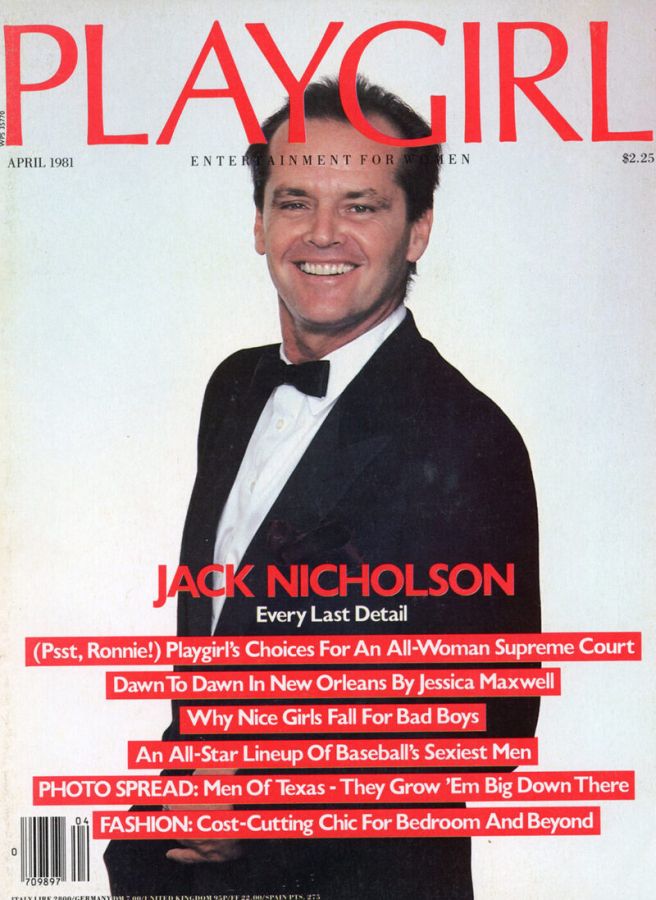 Magazine cover with the title Playgirl in red, showing Jack Nicholson smiling in a dinner jacket and bow tie, with a list of cover lines in red boxes
