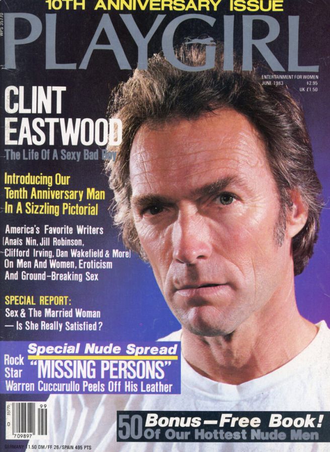 Magazine cover with the banner 10th Anniversary Issue, showing a close-up of Clint Eastwood in a white shirt against a blue background, with the line Special Nude Spread